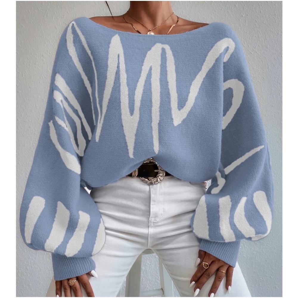 Cozy Print Balloon Sleeve Sweater Top - Picture 5 of 11
